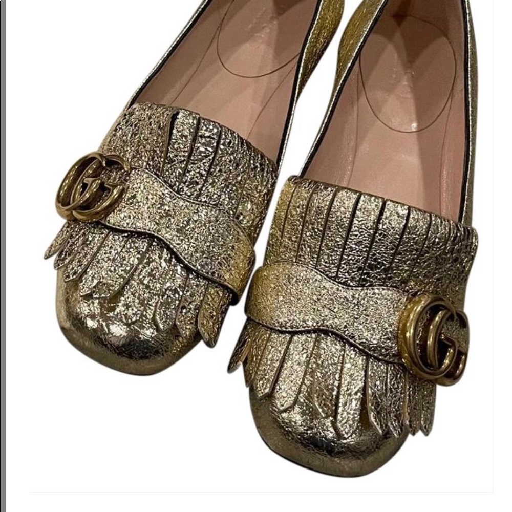 Gucci 453373 Gold Metallic Laminate Fringe 34.5 Flats